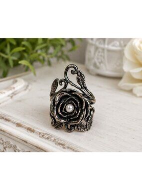 Vintage Israel 925 Sterling Silver Pearl Rose Ring Size 7 Floral Statement
